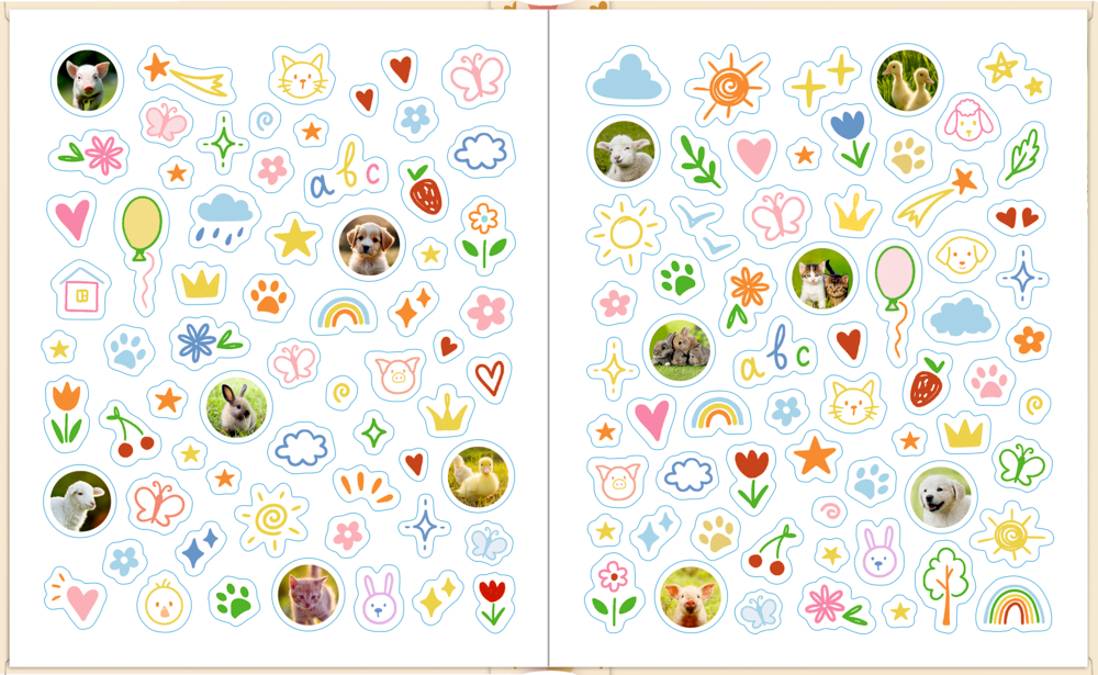 Stickerbogen mit Tieren, Luftballons, Blumen und Regenbögen.