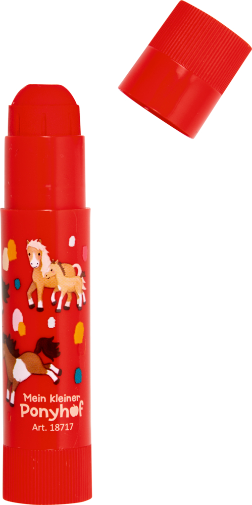 Dicker, roter Stift mit Ponyillustrationen und offener Kappe.