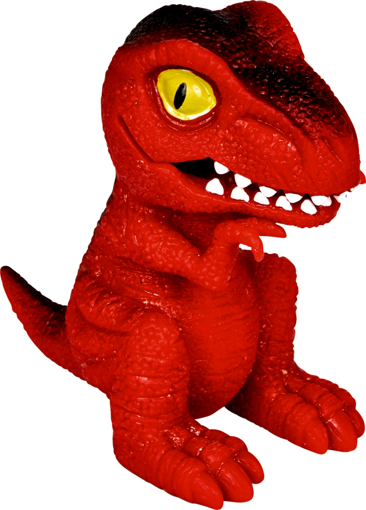 Roter Spielzeugdinosaurier mit großen gelben Augen und scharfen weißen Zähnen sitzt aufrecht.