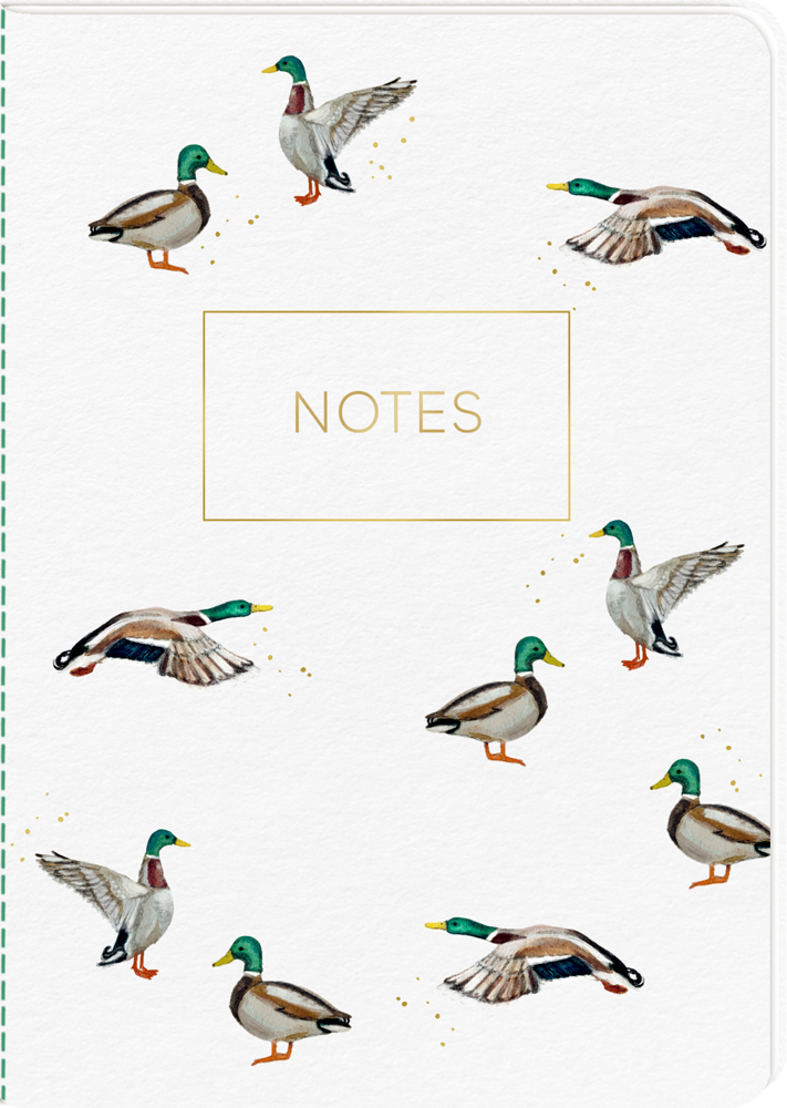 Notizbuch mit Illustrationen von fliegenden und stehenden Stockenten sowie dem Wort „NOTES“ auf dem Einband.
