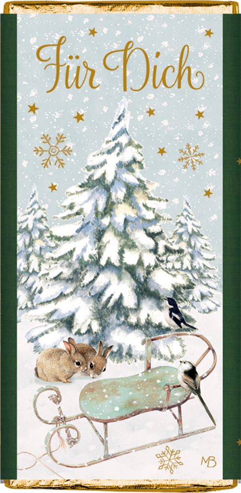 Illustration mit verschneitem Tannenbaum, grünem Schlitten, zwei Hasen und zwei Vögeln im Schnee, goldener Text „Für Dich“ oben.