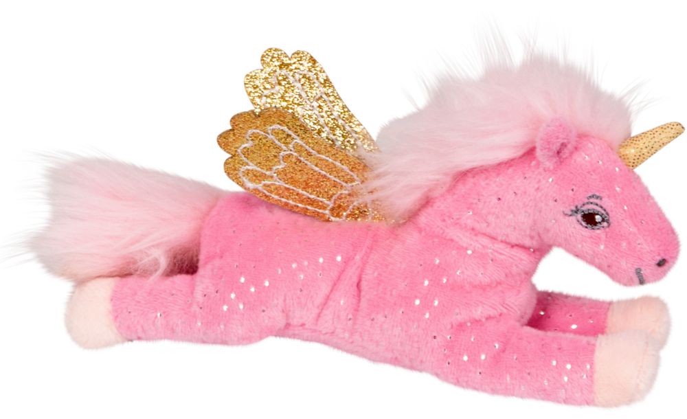 Plüschiges rosa Einhornspielzeug mit goldenem Horn, glitzernden goldenen Flügeln und flauschiger Mähne und Schweif.