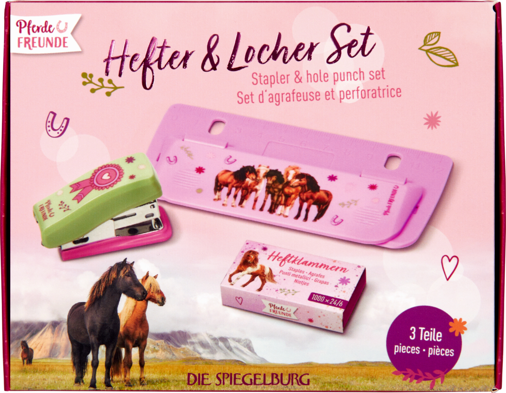 Rosa Hefter- und Locher-Set in einer Pappbox mit Pferdemotiven.