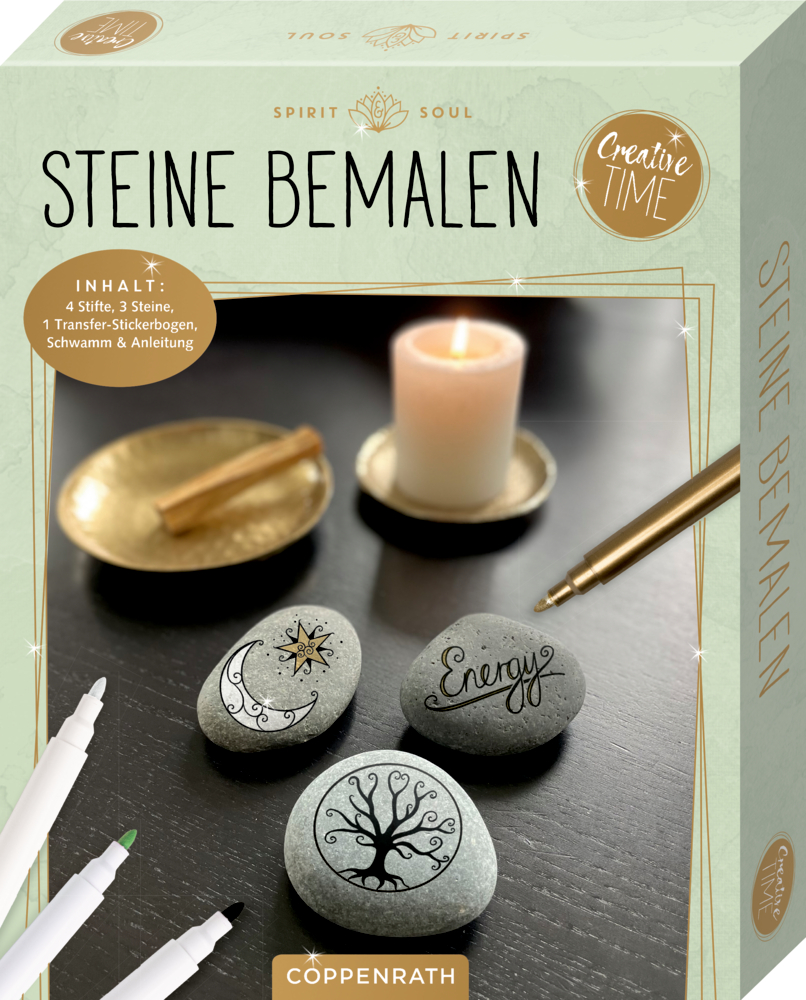 Steinbemalungsset: Enthält Marker, Steine, eine Kerze und verzierte Steine mit „Energie“ und einzigartigen Designs.