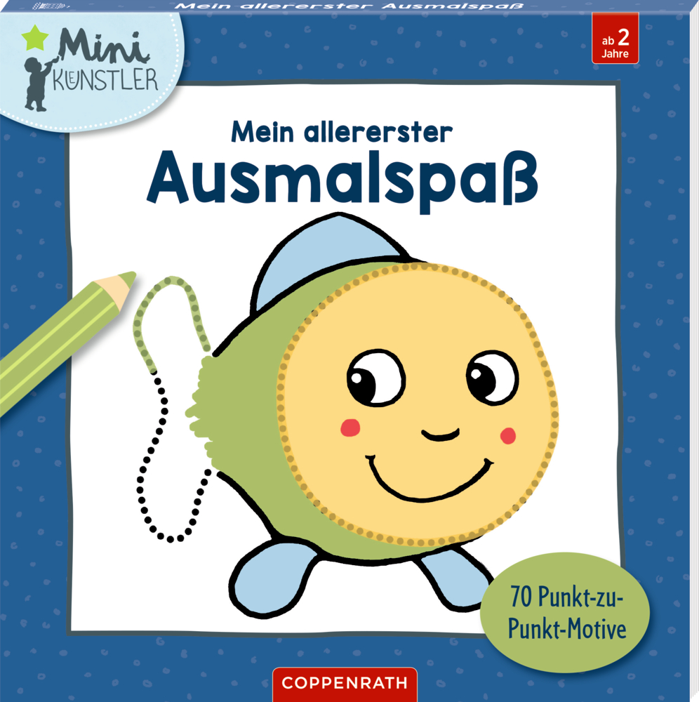 FrÃ¶hlicher, halb ausgemalter Fisch mit Buntstift auf einem Cover.