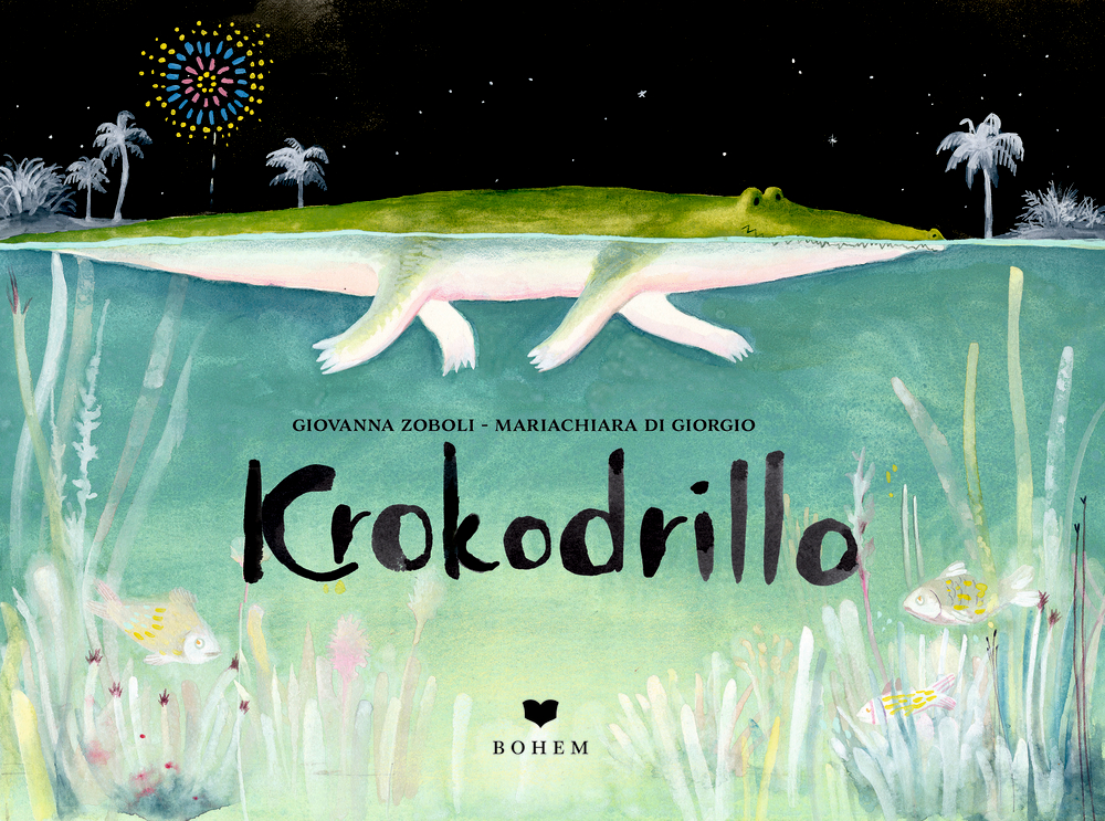 Nachts schwimmt ein Krokodil im Wasser zwischen Fischen und Palmen, mit dem Buchtitel „Krokodrillo“.