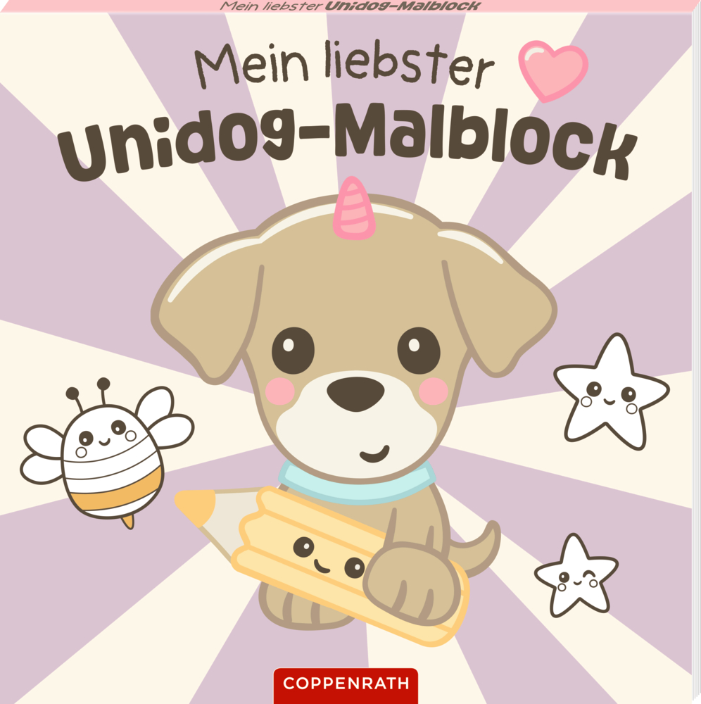 Hund mit Einhorn-Horn hält einen Malstift, ist umgeben von Sternen und bemalt eine Biene auf pastellfarbenem Hintergrund.