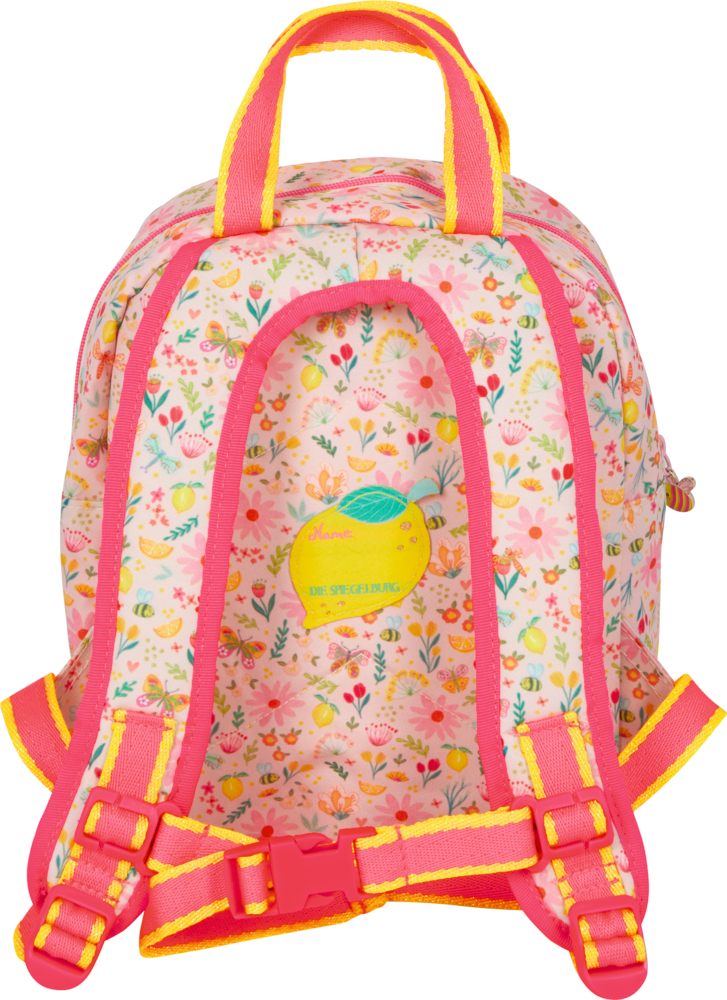 Kleiner Rucksack von hinten gesehen mit rosa Blumenmuster, gelben Akzenten und verstellbaren rosa/gelben Schultergurten.