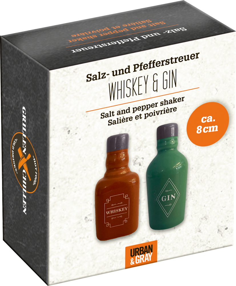 Salz- und Pfefferstreuer von Urban & Gray in Form von Whisky- und Gin-Flaschen, zusammen in einer Schachtel verpackt.