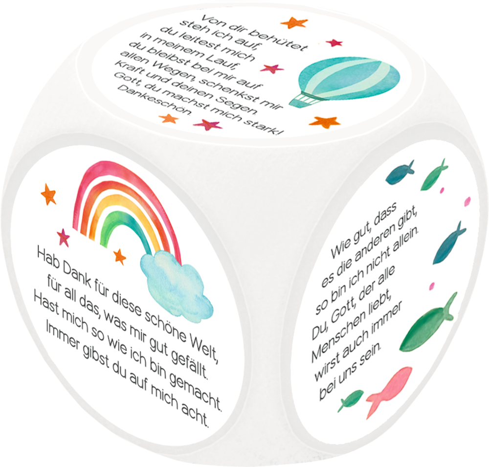 Würfel mit Gebeten, bunte Abbildungen von Heißluftballon, Regenbogen und Fisch auf den Seiten.