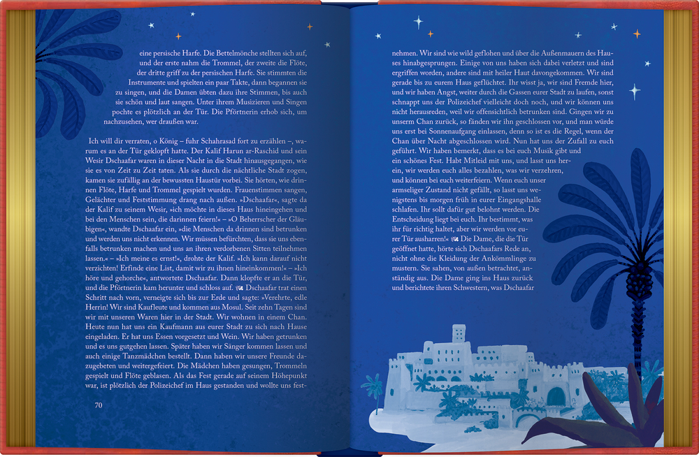 Aufgeschlagenes Buch mit Text, unten blaue Zeichnung einer orientalischen Wüstenstadt mit Palmen und Sternenhimmel.