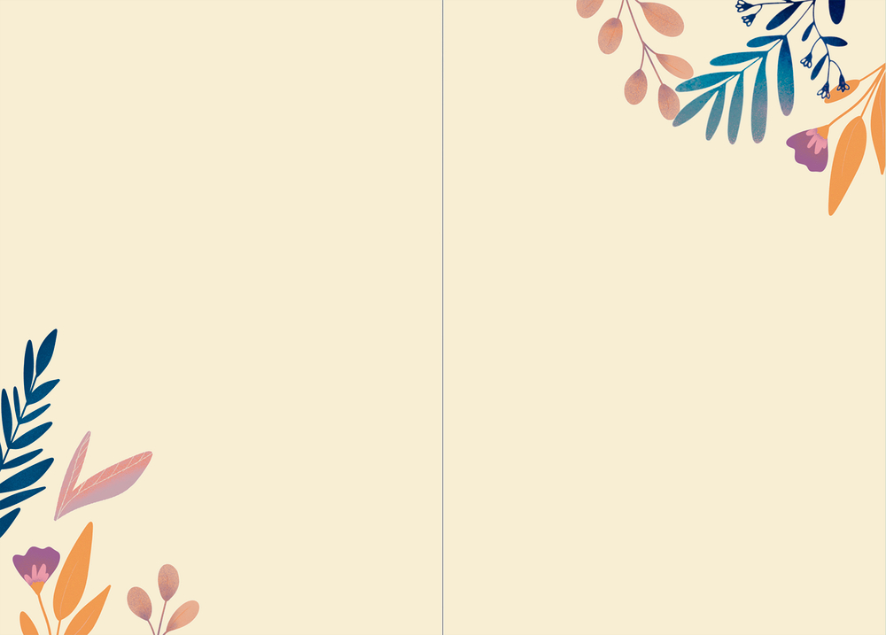 Beiger Hintergrund. Oben rechts und unten links farbige Blumenmuster.