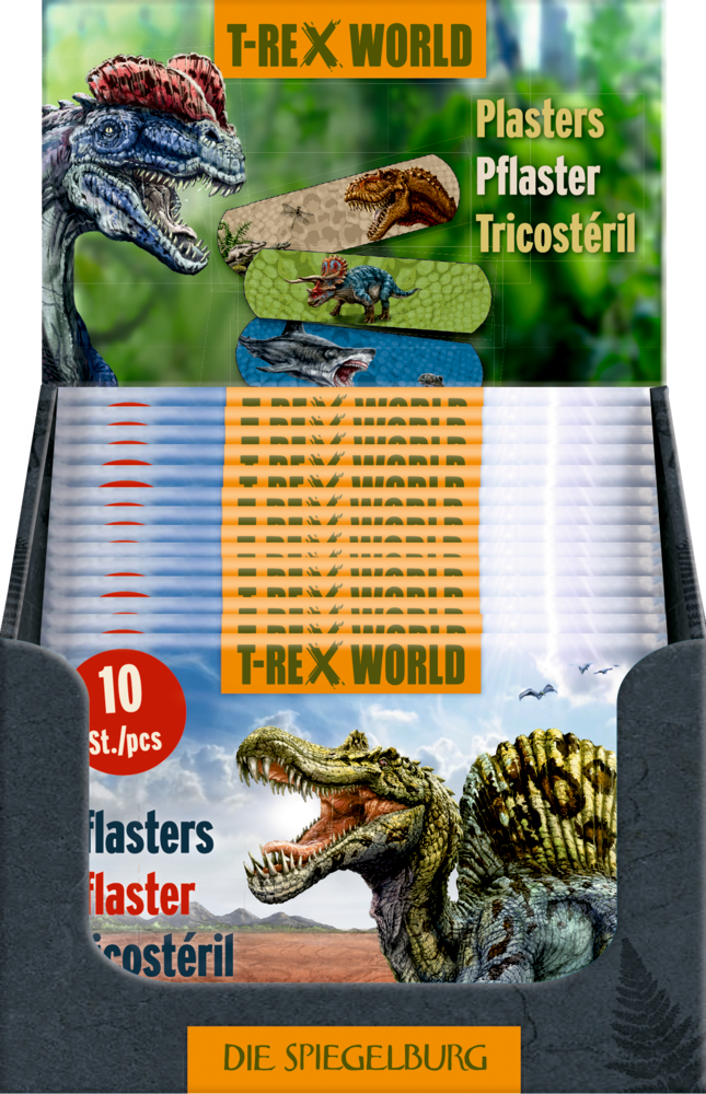 Mehrere Karten mit Dino-Motivik hintereinander gefächert in einem Papp-Display.