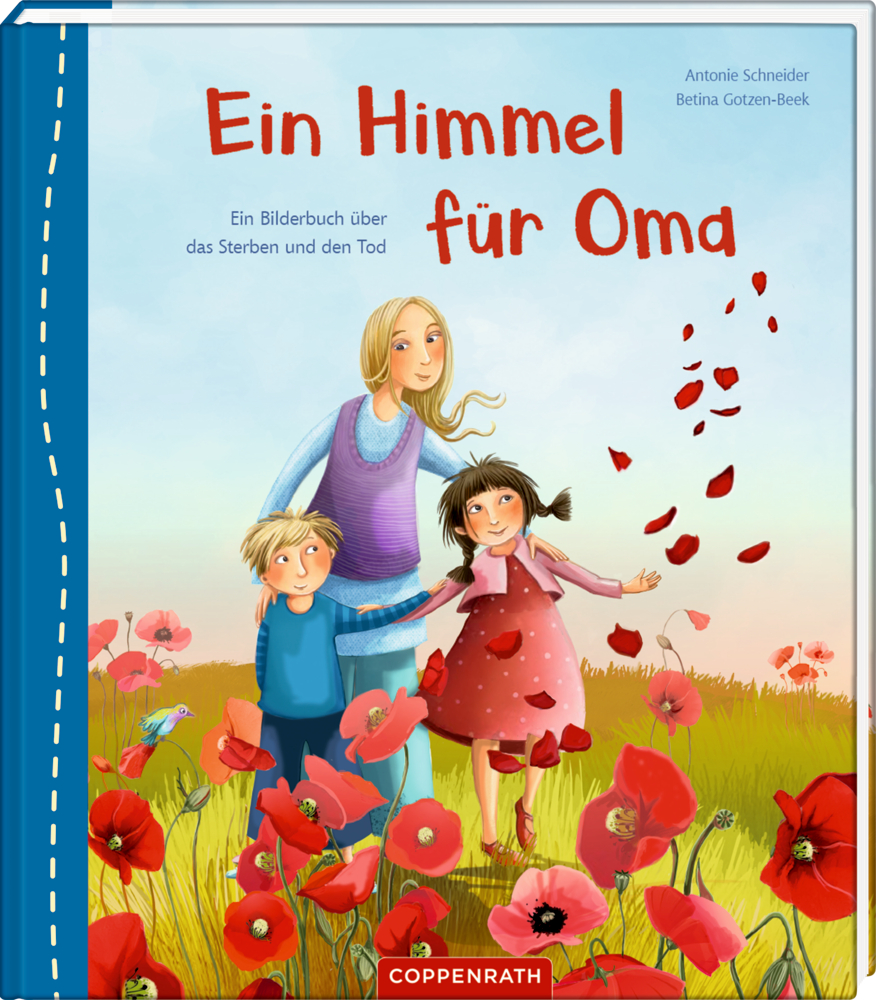 Buchcover mit einer Frau und zwei Kindern in einem Mohnblumenfeld, roter Titeltext „Ein Himmel für Oma“.