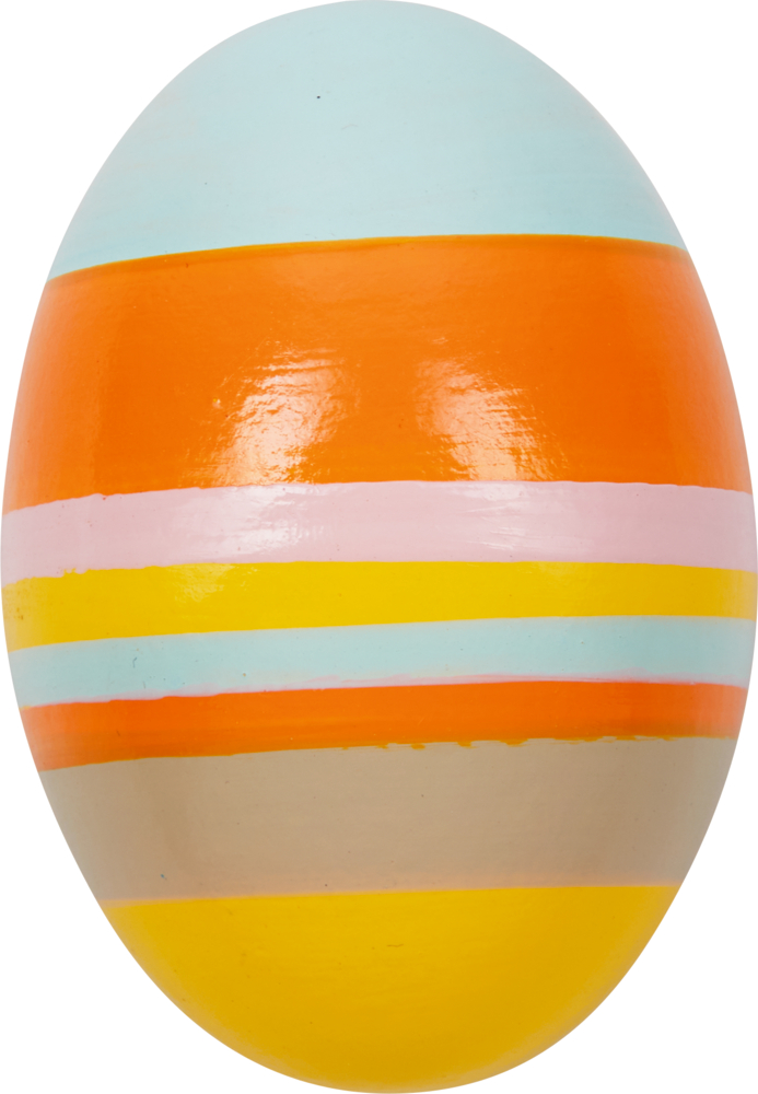 Ein buntes Ei mit horizontalen Streifen in Orange, Gelb, Blau, Rosa und Hellbraun.