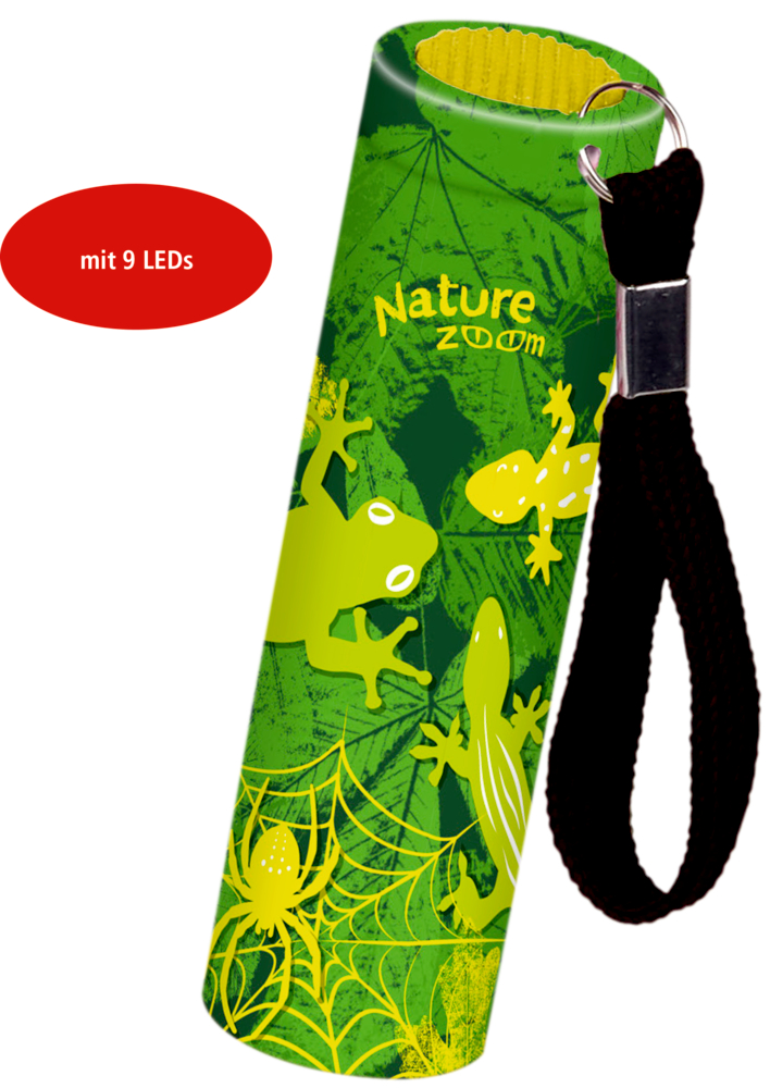 Grüne Taschenlampe mit Frosch-, Salamander- und Spinnenmotiven, schwarzem Band und „mit 9 LEDs“ in einem roten Kreis.
