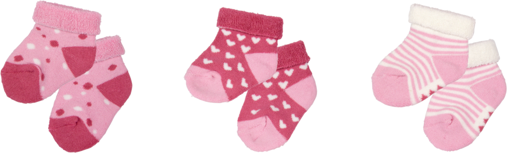 Set aus drei rosa Babysocken mit Tupfen-, Herz- und Streifenmuster.
