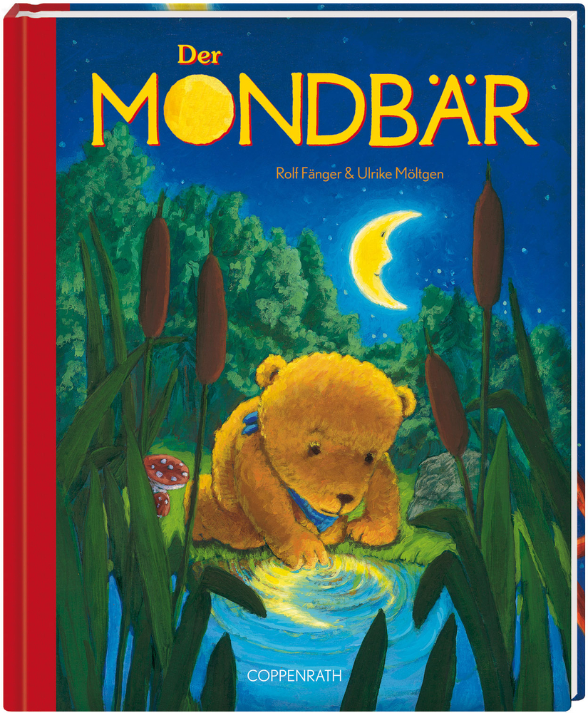 Auf dem Cover des Buches „Der Mondbär“ sitzt ein Bär nachts an einem Teich.