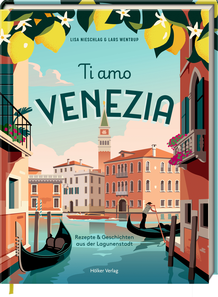 Illustration mit Kanal, Gondeln und Gebäuden. Titel: Ti amo Venezia.