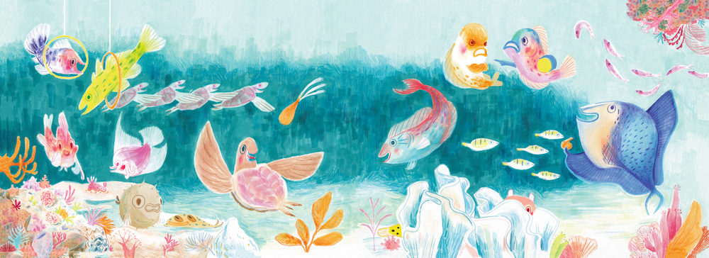 Bunte Unterwasserszene mit Fischen, Seegras, Korallen und Meerestieren beim Schwimmen und Interagieren.