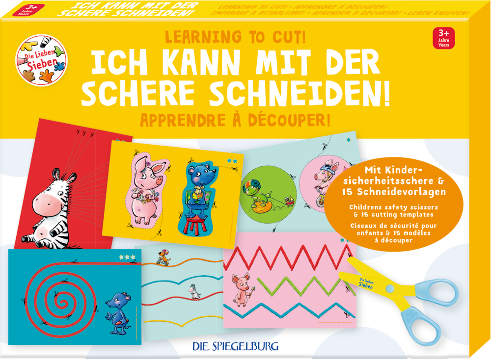 Scheren-Set für Kinder mit Tiervorlagen, Sicherheitsscheren und bunten Schnittmustern auf der Schachtel.