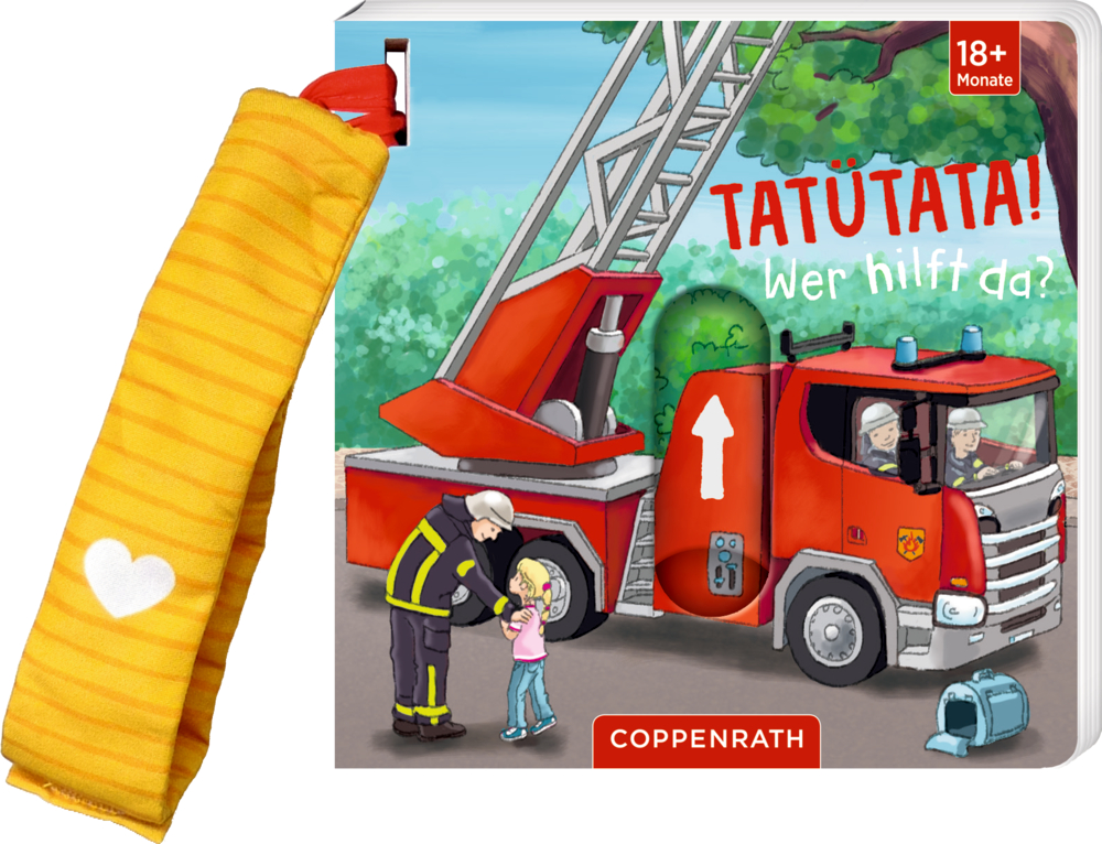 Kinderbuch: Feuerwehrauto, Feuerwehrleute und ein Mädchen. Titel: „TATÜTATA! Wer hilft da?“.