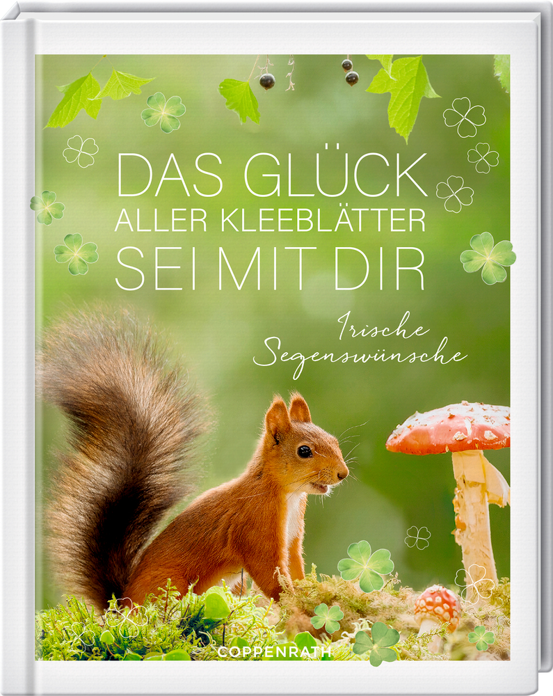 Buchcover mit rotem Eichhörnchen auf Moos neben Fliegenpilz, grüner Hintergrund mit Kleeblättern und Blättern oben.