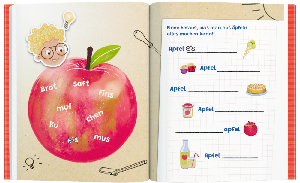 Großer Apfel, verstreute Wörter, mehrere Lückentexte mit Fragen zu Apfelprodukten auf einer illustrierten Buchseite.