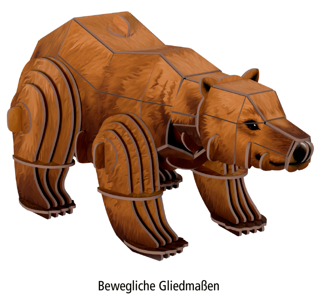 Holzmodell eines braunen Bärens mit segmentierten, beweglichen Gliedmaßen.