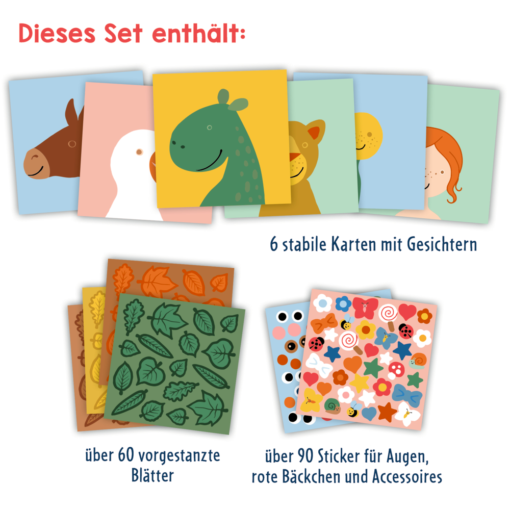 Set mit sechs Karten mit bunten Gesichtern, vorgestanzten Blättern und farbigen Stickern in verschiedenen Formen.