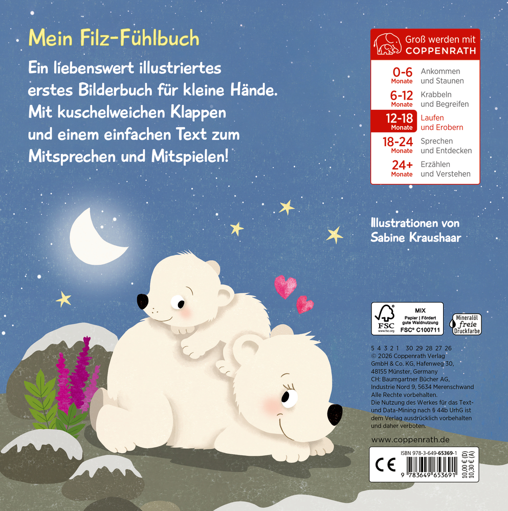 Buchrückseite mit zwei Eisbären, die unter Sternenhimmel mit Mond liegen. Ein Junges ruht auf dem Rücken des größeren Bären.
