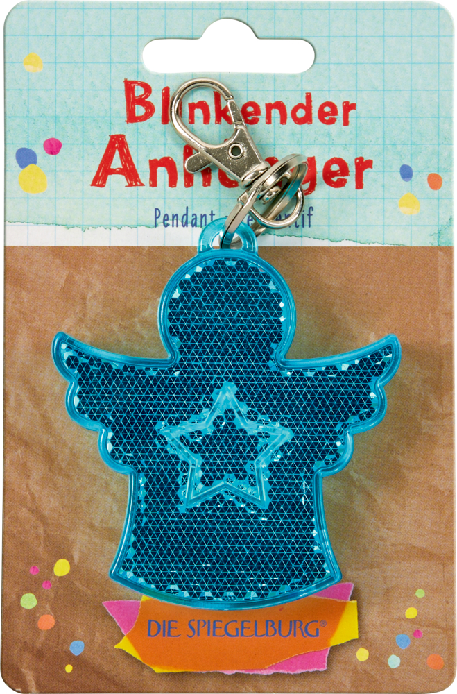 Blauer, reflektierender Engel-Schlüsselanhänger mit Sternmotiv an Karte mit deutschem Text befestigt.