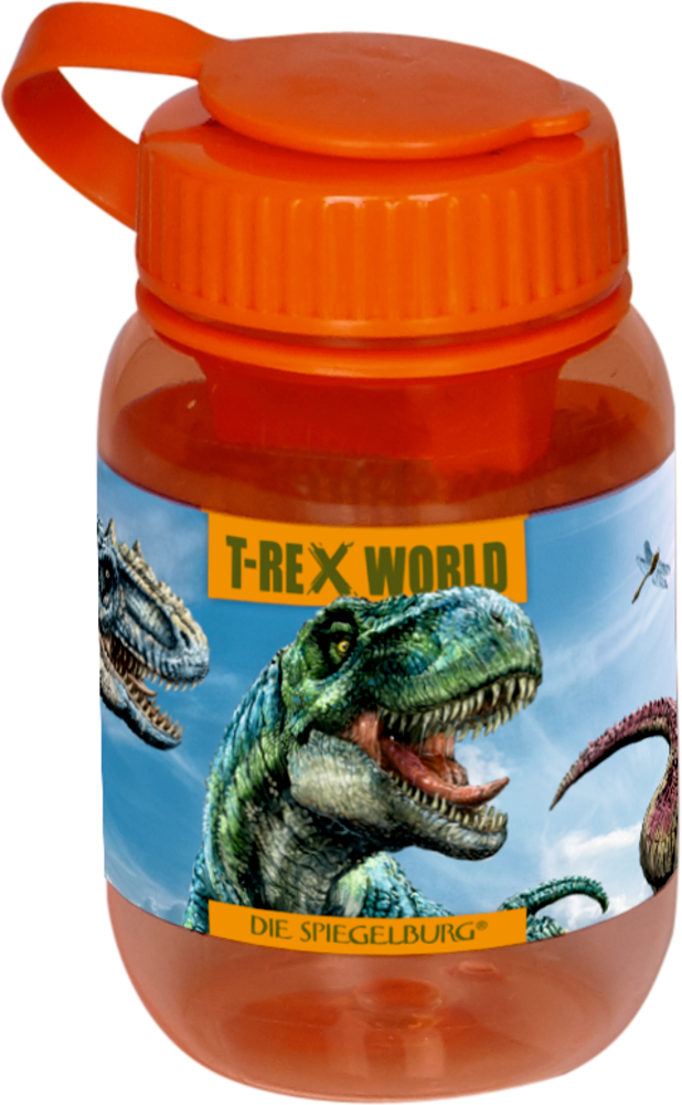 Orangefarbenes Gefäß mit Dinosaurierillustrationen und einem „T-Rex World“-Etikett.