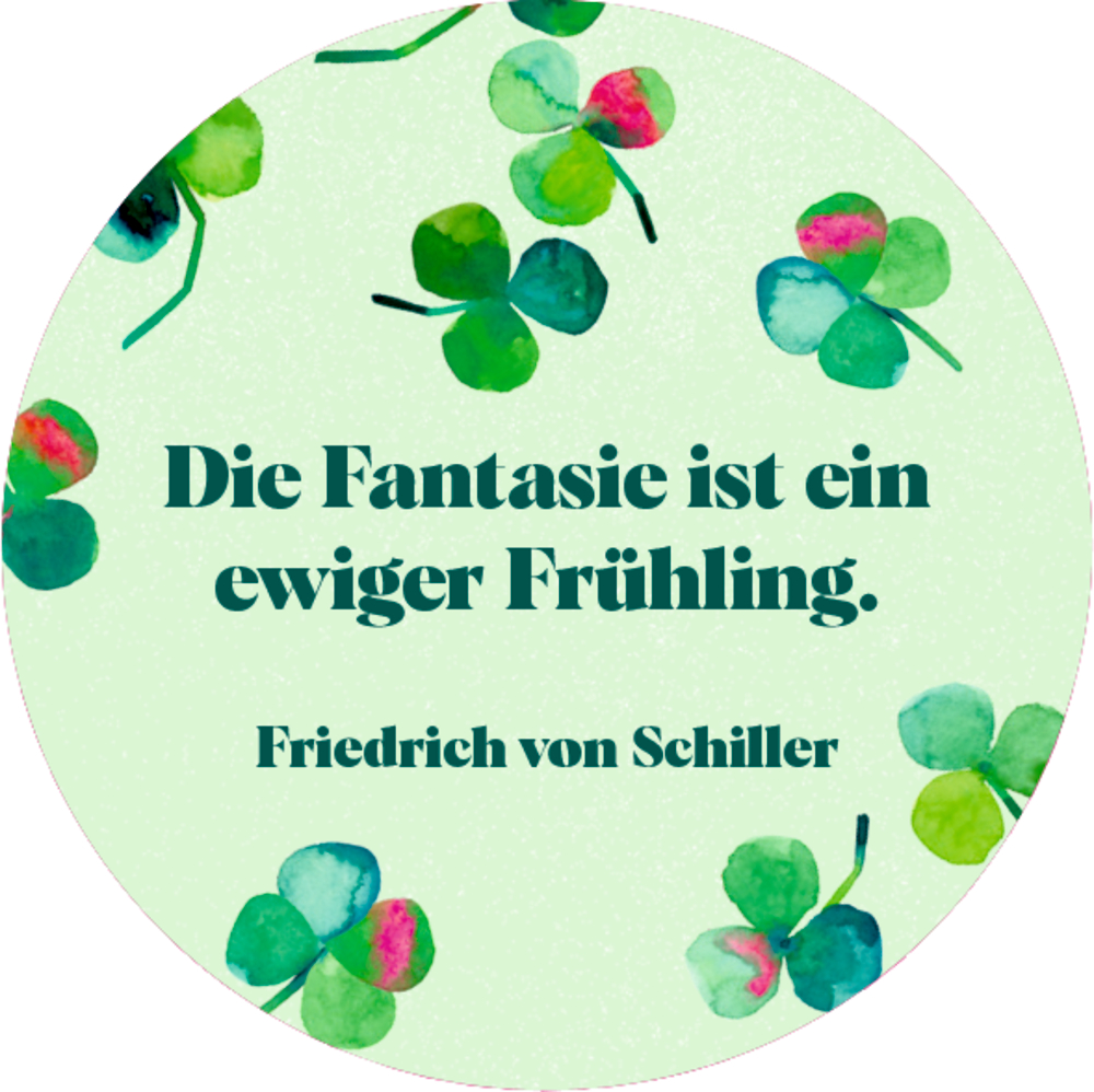 Grüne Aquarellkleeblätter umrahmen ein Zitat von Schiller auf hellgrünem Hintergrund.
