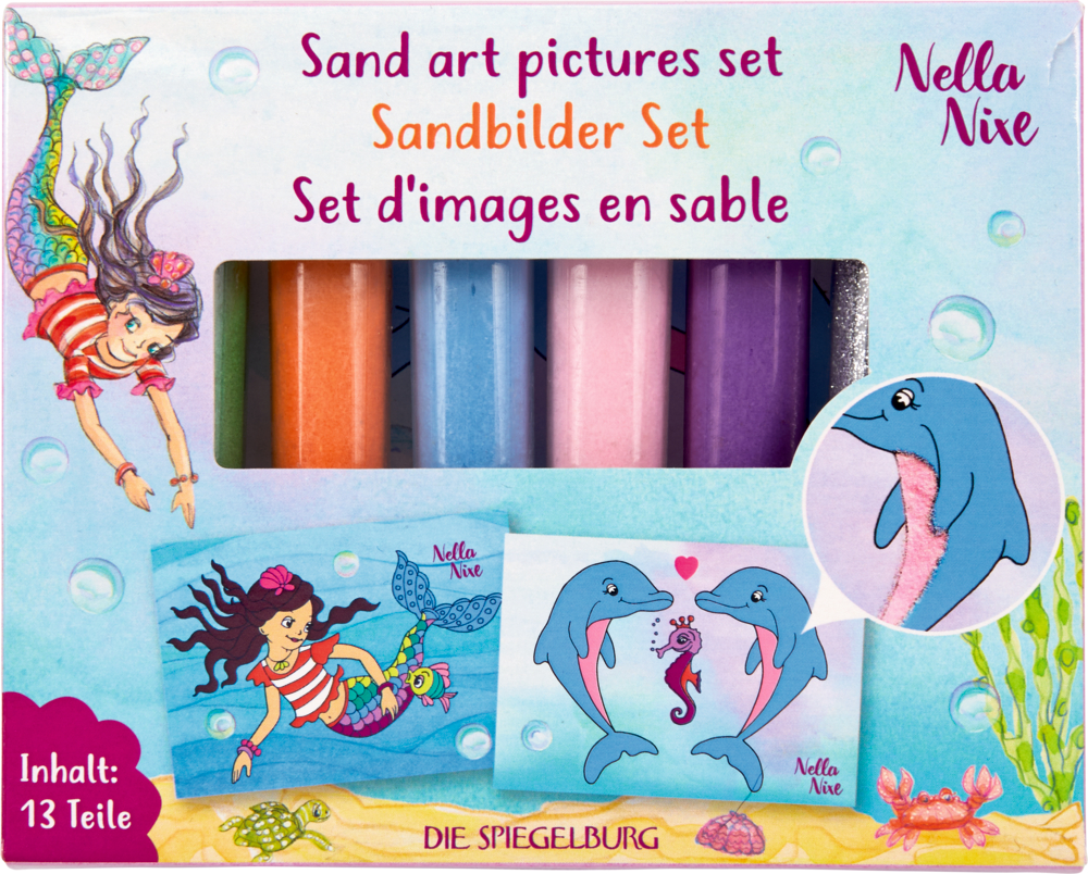 Nella Nixe Sandkunst-Set: Box mit bunten Sandröhren, plus Meerjungfrau und Delfinen auf der Verpackung.