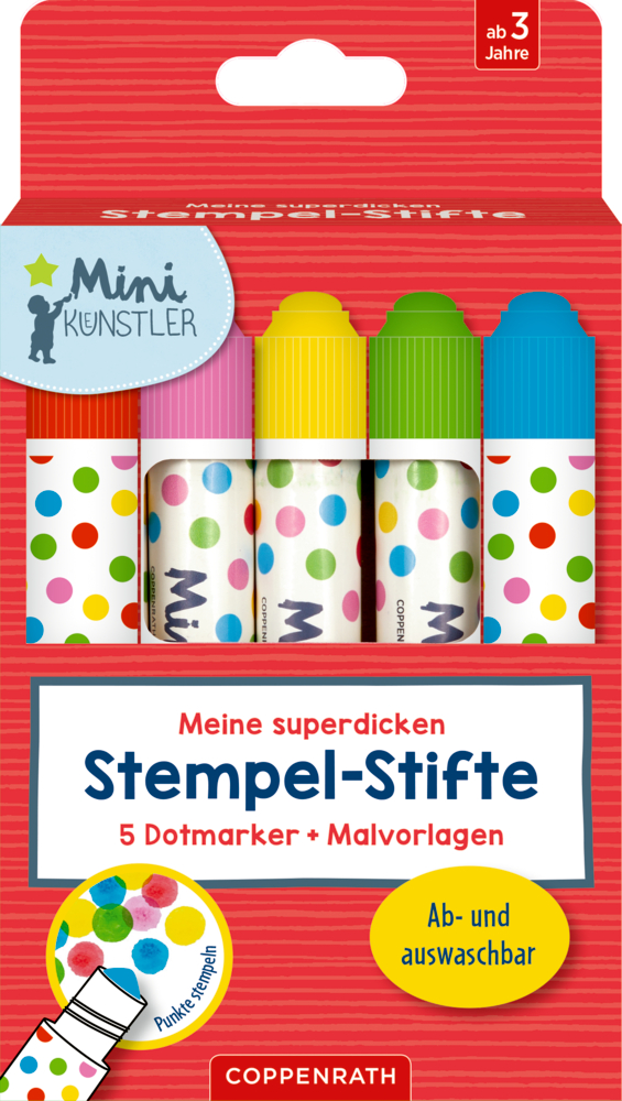 Set mit 5 bunten Punktmarkern für Kinder, beschriftet mit „Stempel-Stifte“, jeder mit lustigem Punktdesign.