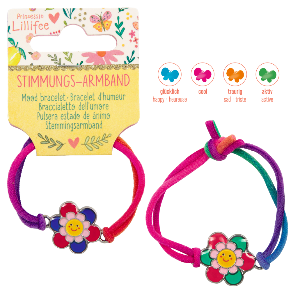 Zwei bunte Blumenstimmungsarmbänder und eine Tabelle mit Farben für happy, cool, sad und active moods.