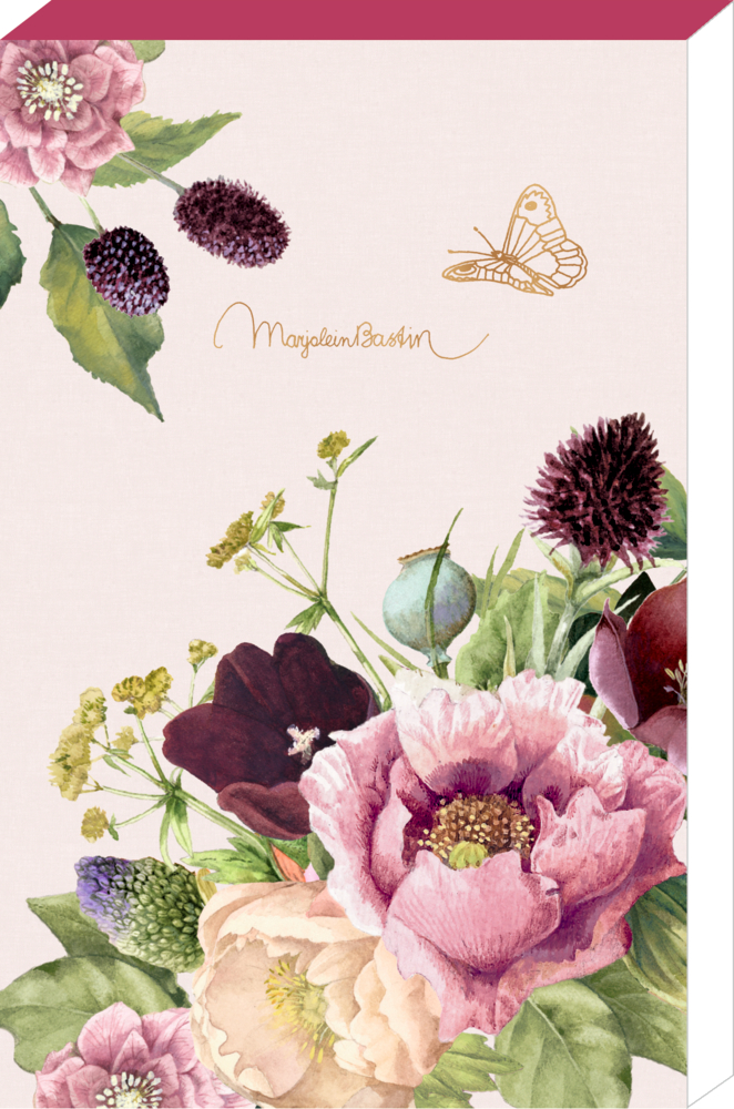 Blumenmotiv mit rosa, violetten und cremefarbenen Blüten sowie grünen Blättern und einer goldfarbenen Schmetterlinskizze.