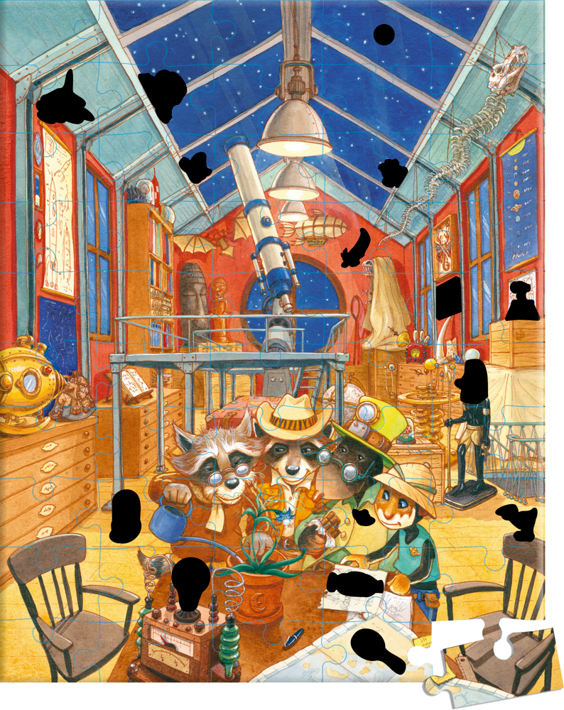 Illustriertes Bild von Tieren in einem Observatorium mit Glasdach, Sternenhimmel, einem Teleskop und wissenschaftlicher Ausrüstung.