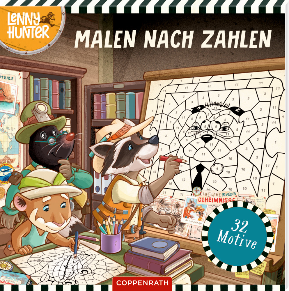 Drei Comic-Tiere malen in einer gemütlichen Bibliothek voller Bücher und Kunstbedarf einen Malen-nach-Zahlen-Hund aus, auf dem Cover von einem Malen-nach-Zahlen Buch.