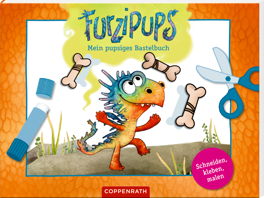 Bunter Drache mit Schere, Kleber und Knochen und dem Text: „Furzipups: Mein pupsiges Bastelbuch.“.