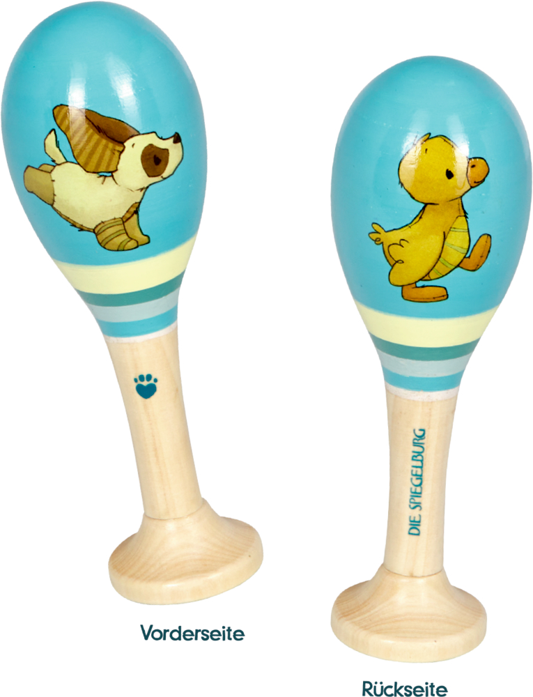 Zwei Holzmaracas mit blauen Köpfen und Hunde- oder Entenillustration.