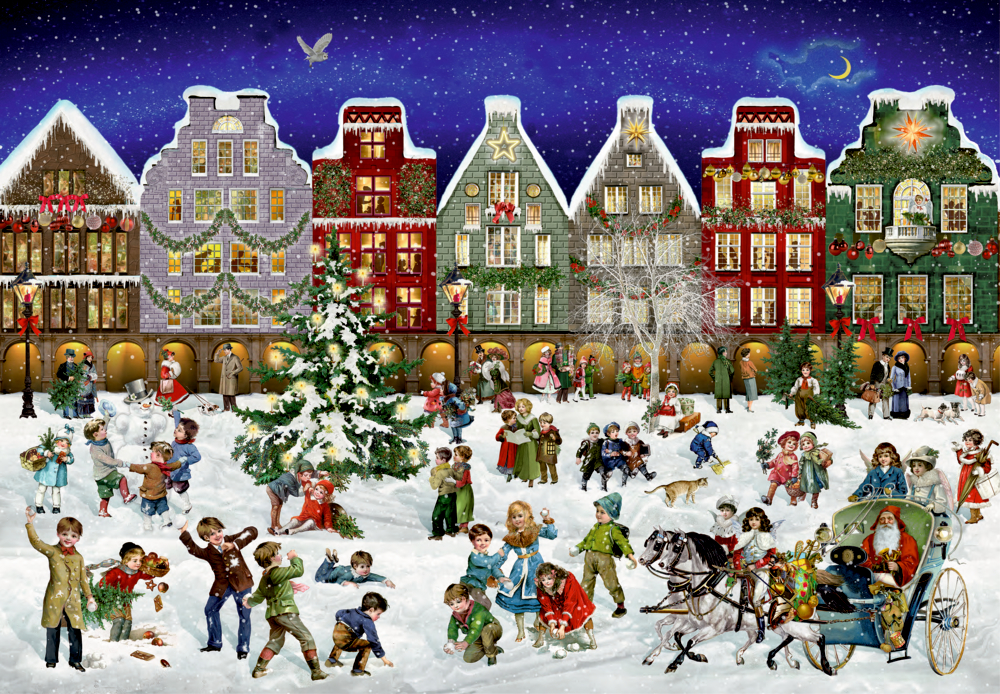 Viktorianische Winterdorfszene mit Menschen, spielenden Kindern und Santa in einem pferdegezogenen Schlitten.