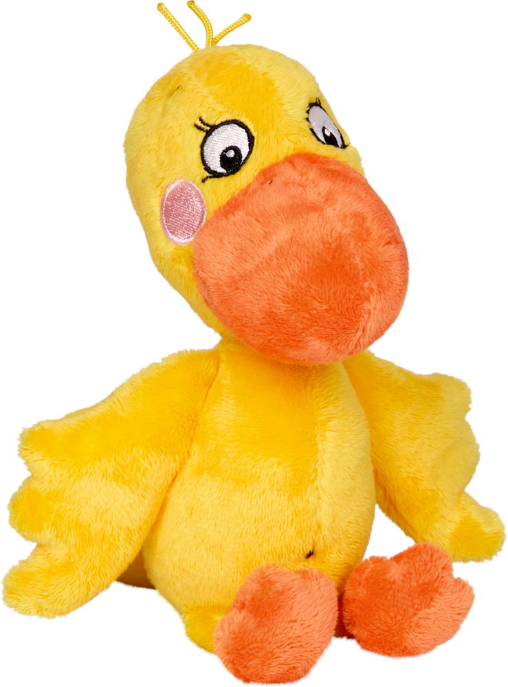 Aufrecht stehende gelbe Plüschente mit orangefarbenem Schnabel, Füßen, großen Augen und rosa Wangen.