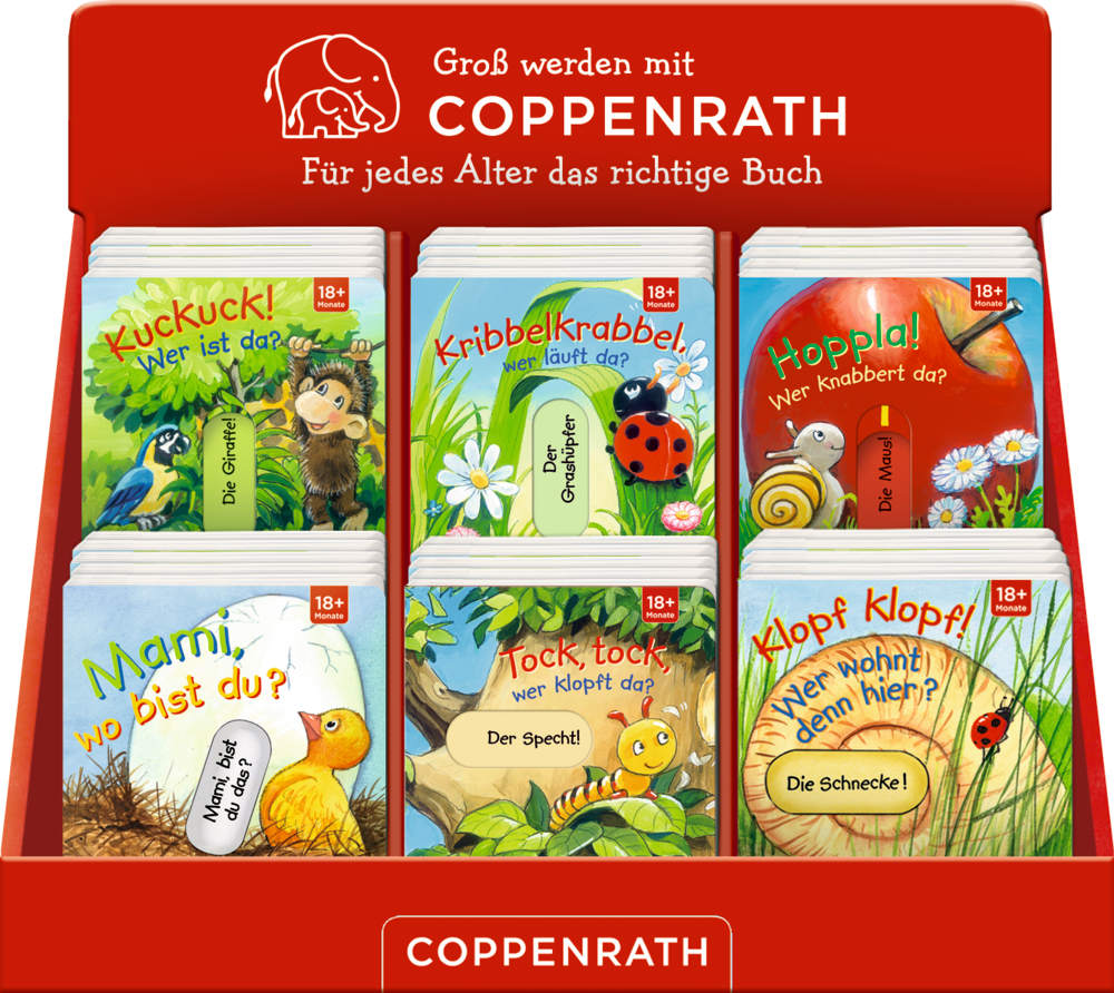 Sechs farbenfrohe Kinderbücher mit Tierillustrationen, präsentiert in einem Coppenrath-Ständer.