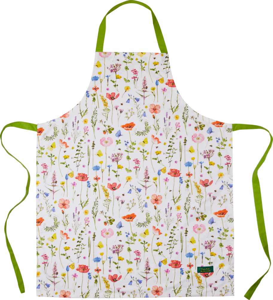 Weiße Schürze mit buntem Blumenmuster und grünen Hals- und Taillenbändern, flach auf weißem Hintergrund abgebildet.