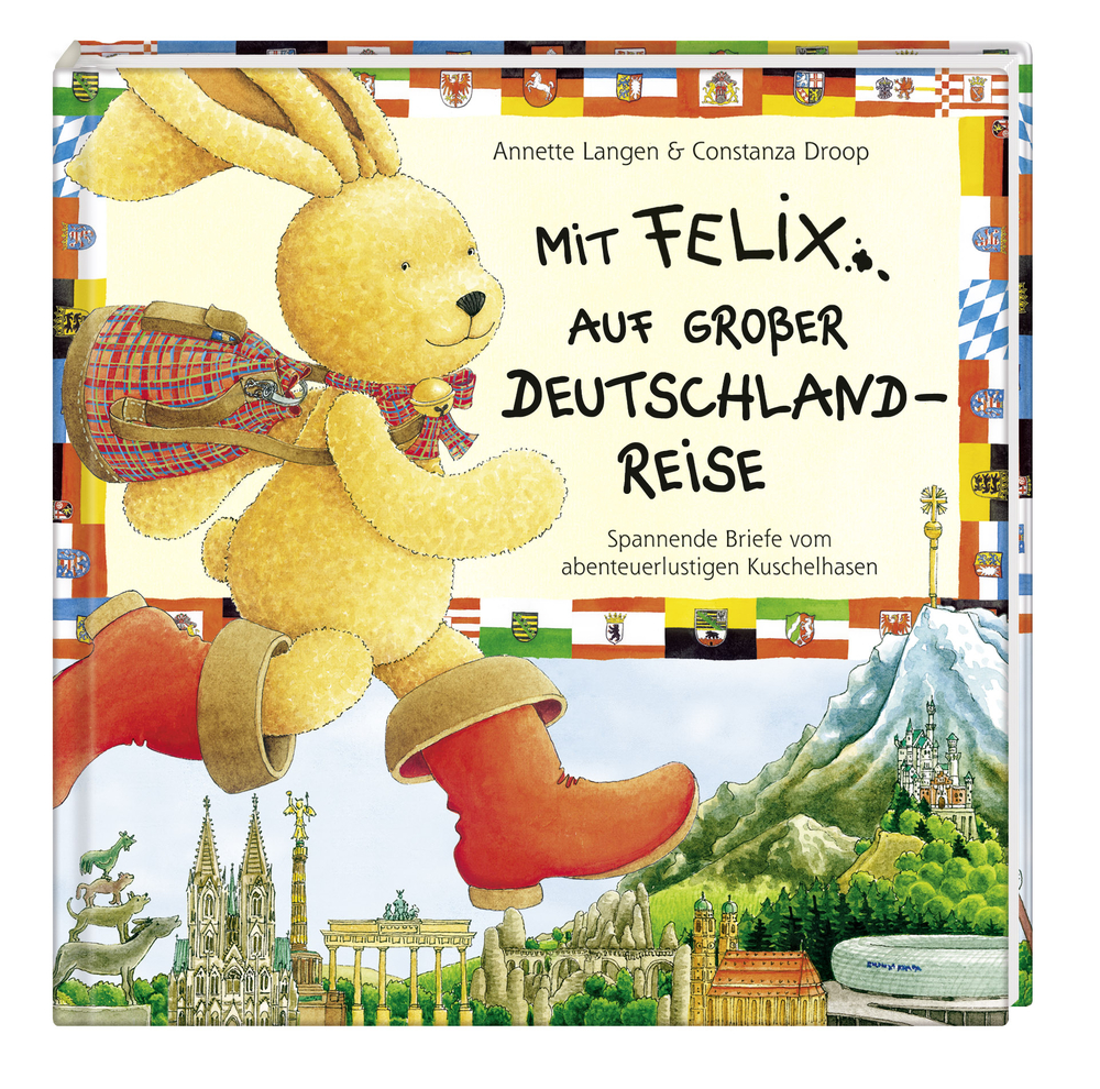 Buchcover: Plüschhase in roten Stiefeln, deutsche Wahrzeichen, bunter Rand.