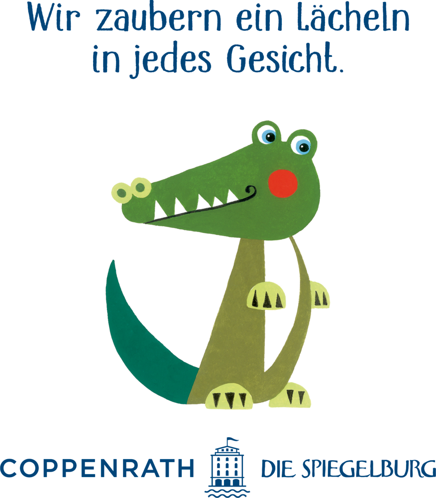 Niedliches Krokodil mit dem Text "Wir zaubern ein Lächeln in jedes Gesicht".