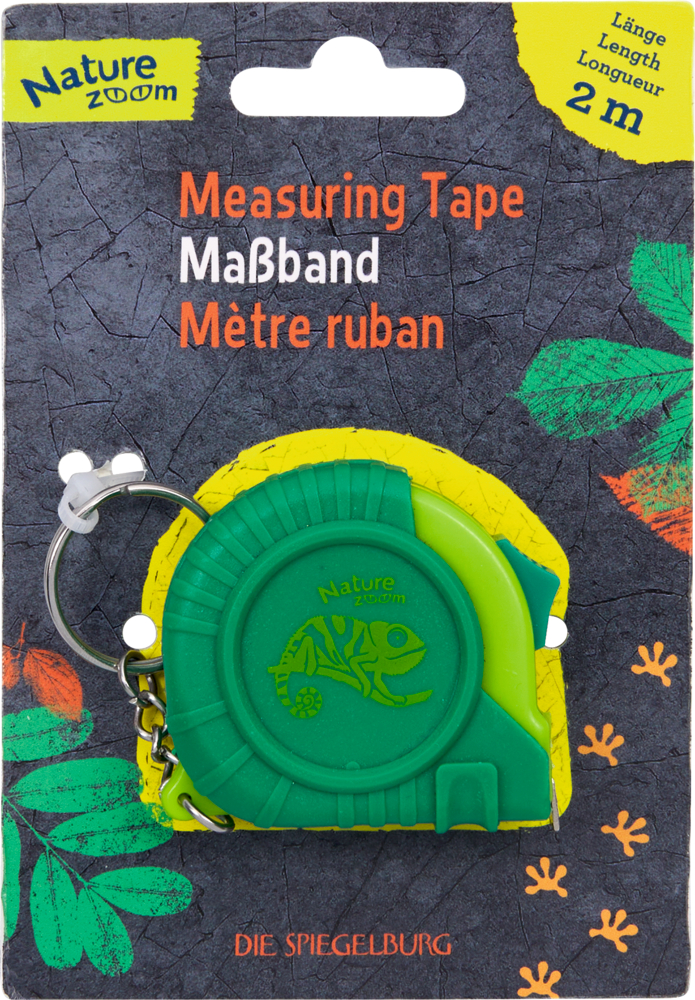 Grünes Maßband mit Schlüsselring und Chamäleonmotiv auf Verpackung, Text "Länge 2 m" und Nature Zoom -Logo.