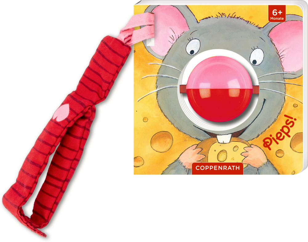 Pappbilderbuch mit einer Mäuseillustration, Kullerkugel als Nase und einem daran befestigten rot gestreiften Stoffband.